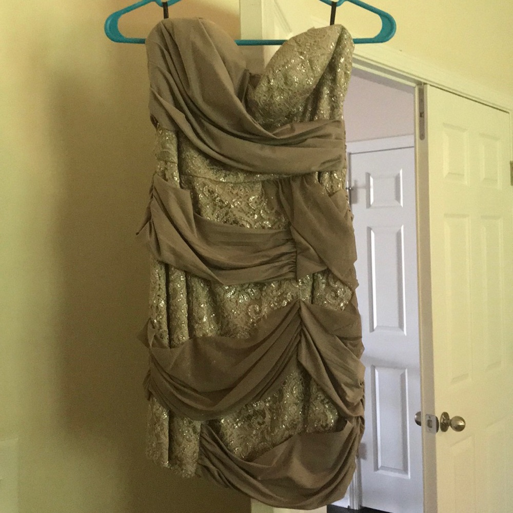 Gold and tan strapless mini dress